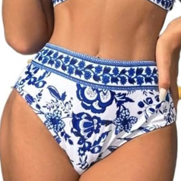 Women's Bathing Suit Print Bikini Blue White Floral High Waisted Swimsuit Set XL - Picture 4 of 7